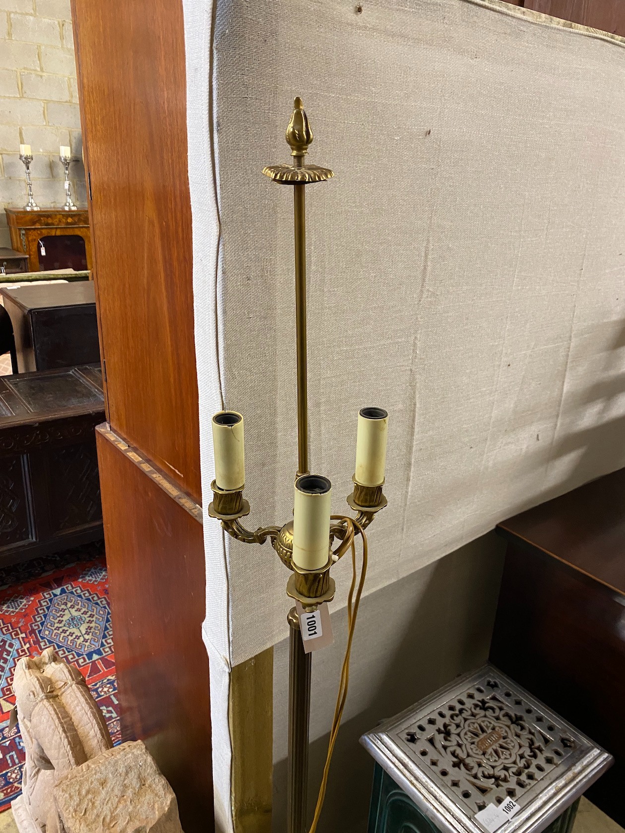 An Empire style gilt metal three branch standard lamp, height 165cm